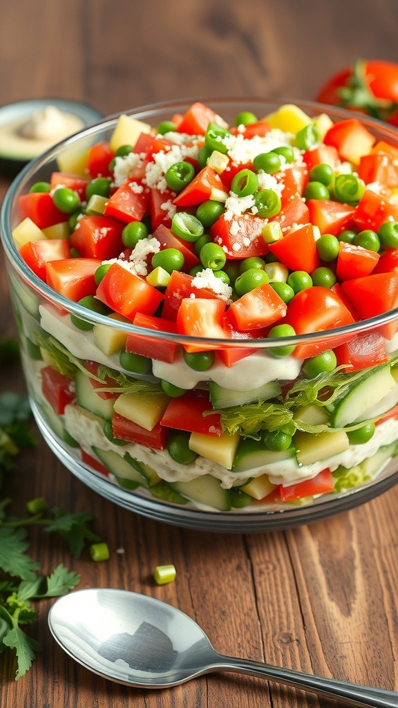 Classic 7 Layer Salad with Parmesan Cheese A colorful 7 layer salad with lettuce, tomatoes, cucumbers, peas, and parmesan cheese in a glass bowl.